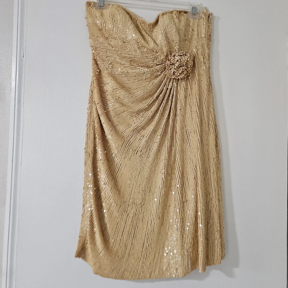 Basix Womens Dress 4 VTG Strapless Gold Sequin Mini Party Silk Taylor NYE 90s